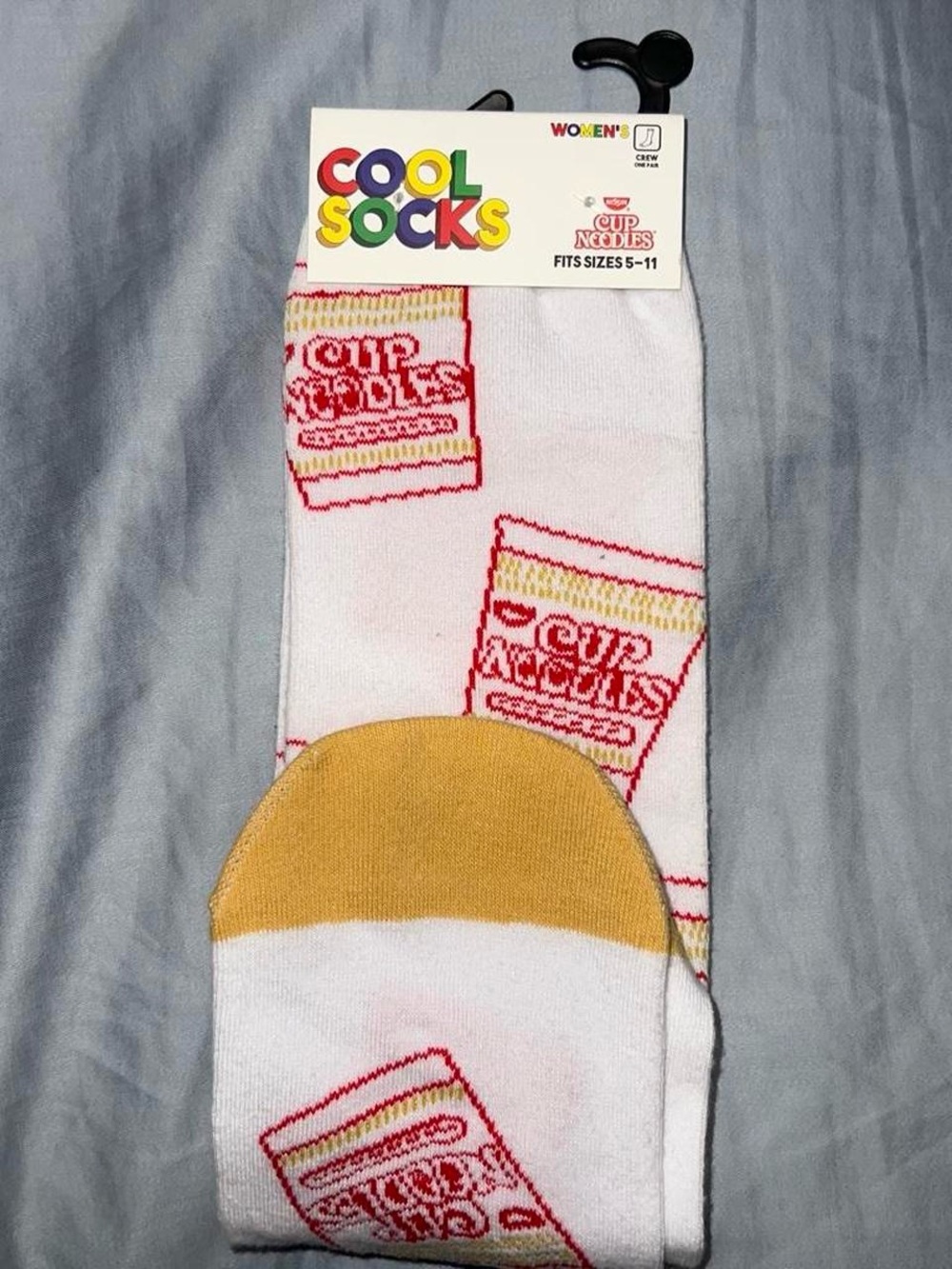 COOL SOCKS White Crew Socks with Red Cup Noodles Motif and Yellow Heel